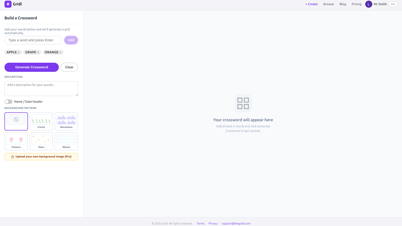 Screenshot of the split-panel crossword builder