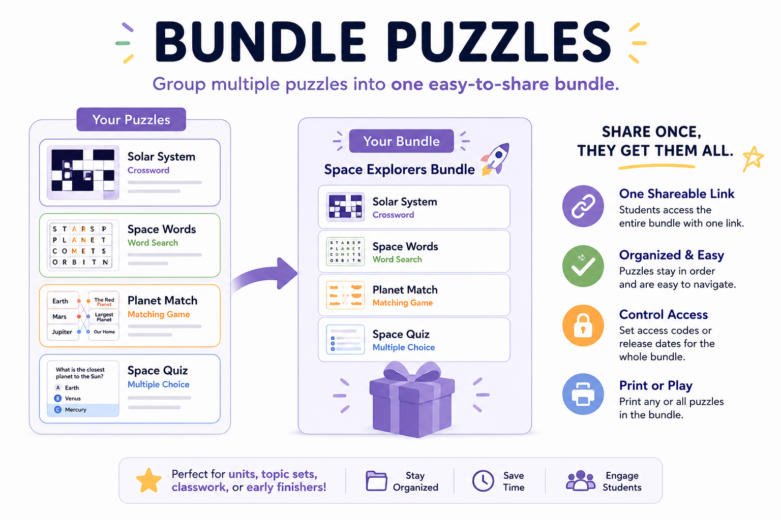 A puzzle set called Space Explorers Bundle containing a crossword, word search, matching game, and quiz, all sharable with one link